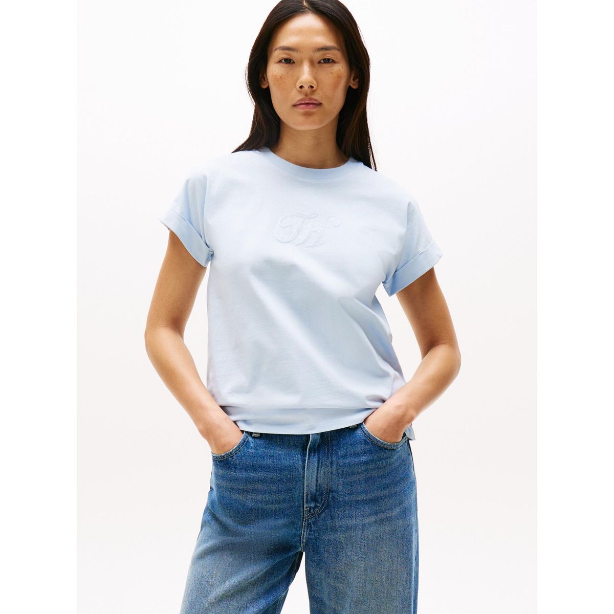 TOMMY HILFIGER - Camiseta celeste de cuello redondo con logo bordado Tommy Hilfiger