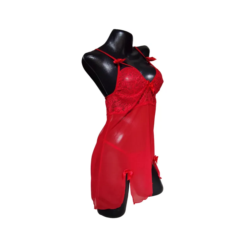 GENERICO - Baby doll en con tanga hilo Rojo en encaje Lenceria Sensual