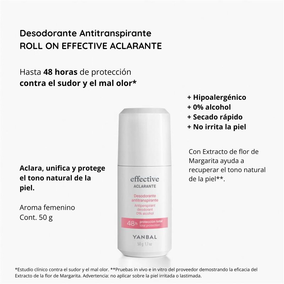 YANBAL - Desodorante Aclarante Antitranspirante Effective Roll On Protección 48h 50 g