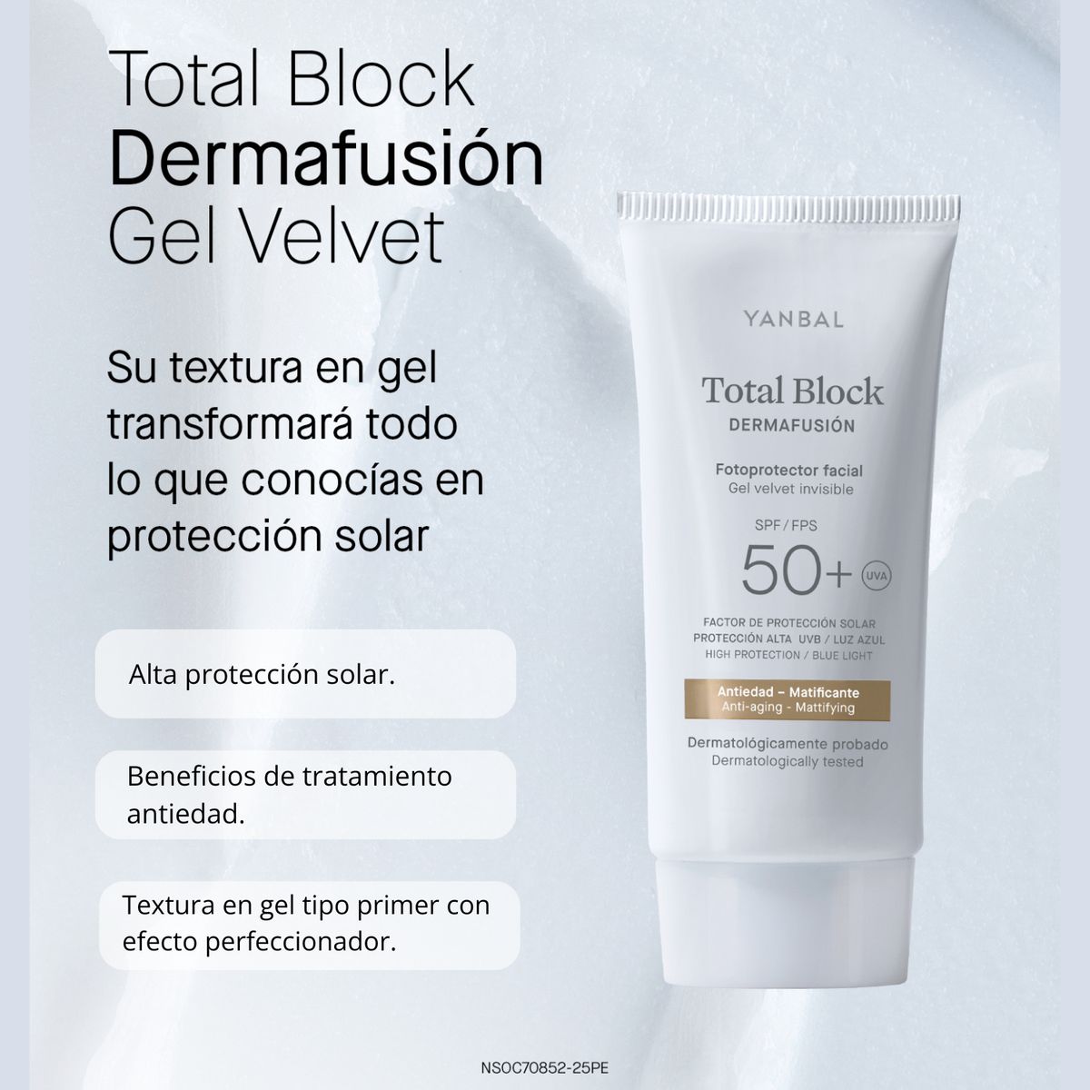 YANBAL - Protector Solar Facial Fotoprotector Total Block Dermafusión Gel SPF 50+ Efecto Primer 50 ml