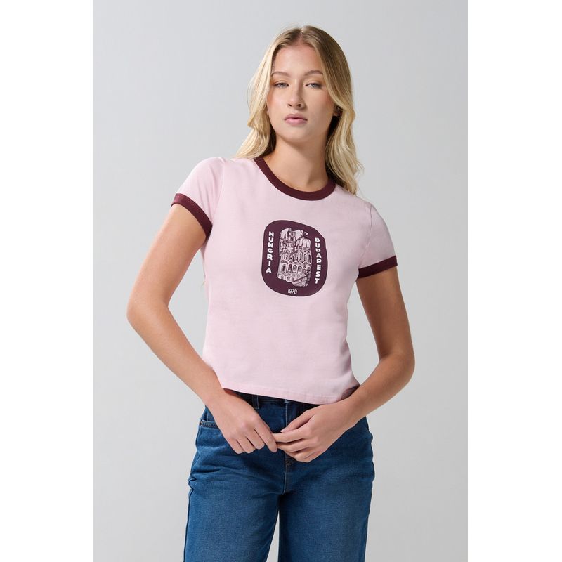 KOAJ - KOAJ Camiseta rosada college manga corta con contrastes Mujer