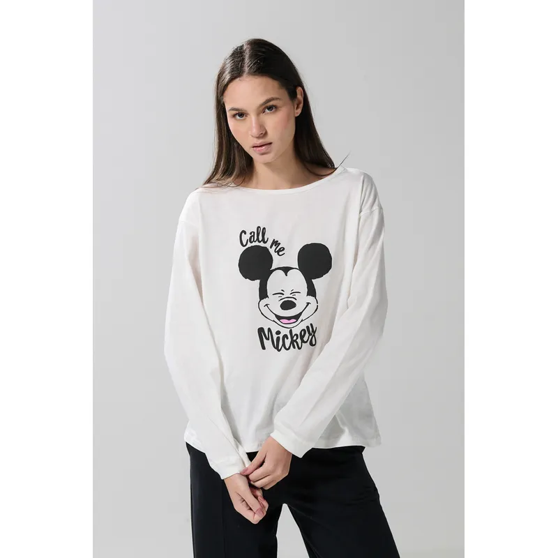 KOAJ - KOAJ Camiseta manga larga crema con arte de Mickey Mujer