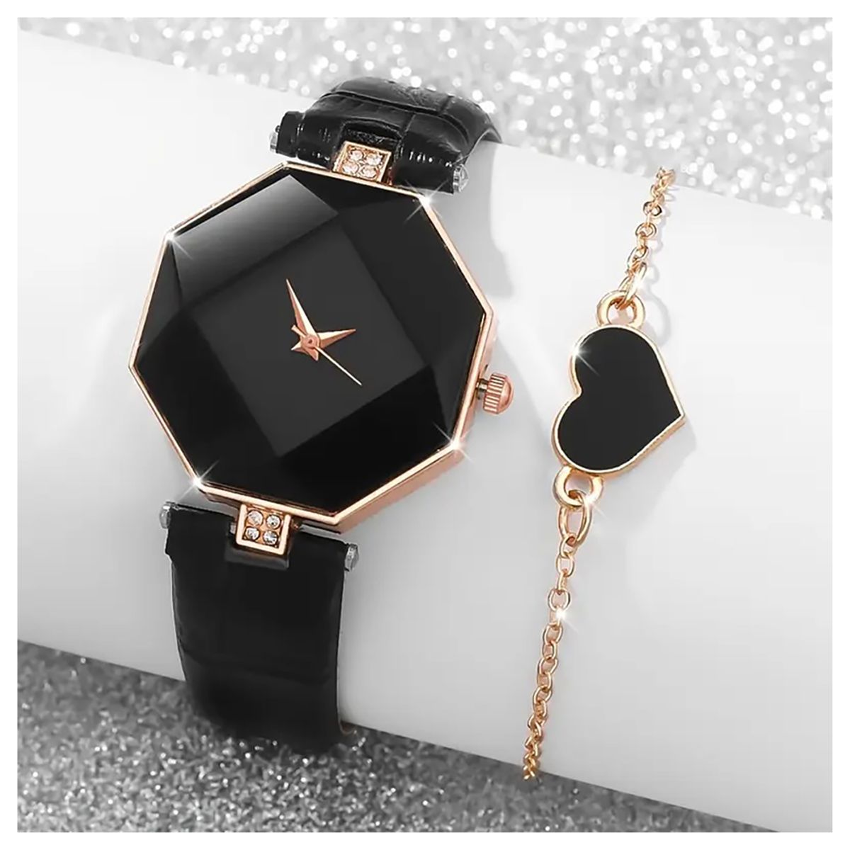 A2B - Elegante Reloj de Cuarzo + Pulsera de Corazón - Negro