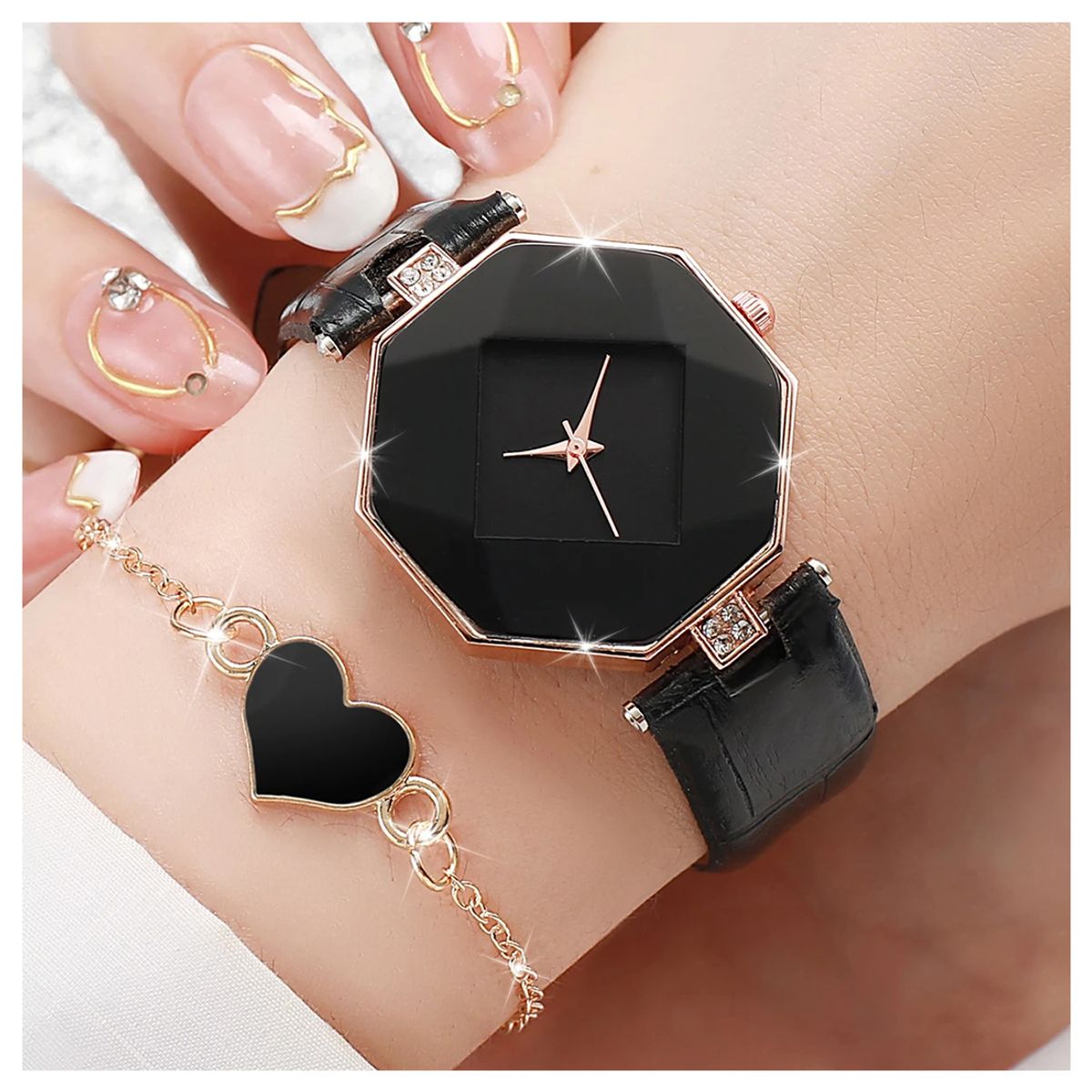A2B - Elegante Reloj de Cuarzo + Pulsera de Corazón - Negro