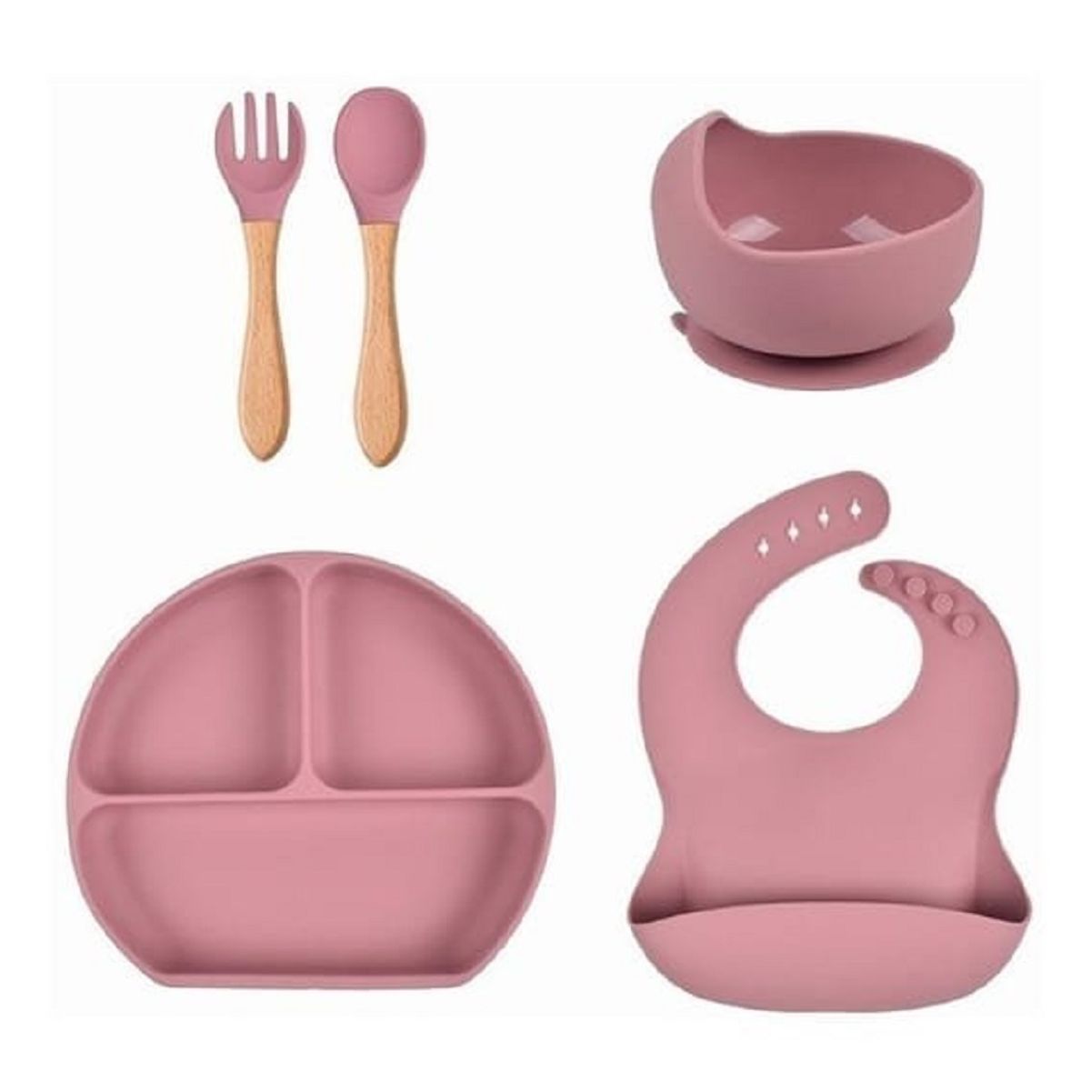 GENERICO - Vajillas para bebe BPA FREE silicona rosa cuchara tenedor