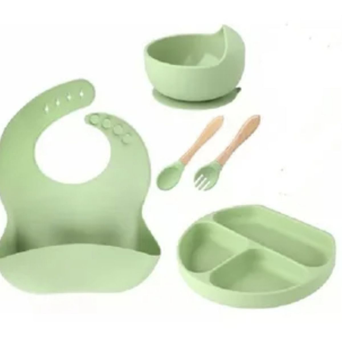 GENERICO - Vajillas para bebe BPA FREE silicona verde cuchara tenedor