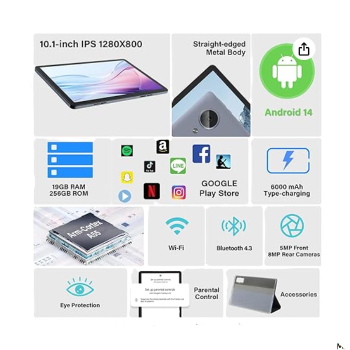 GENERICO - Tablet Android 14 2025 10 Pulg 19 gb 256 gb 1 TB Expandir Color Gris