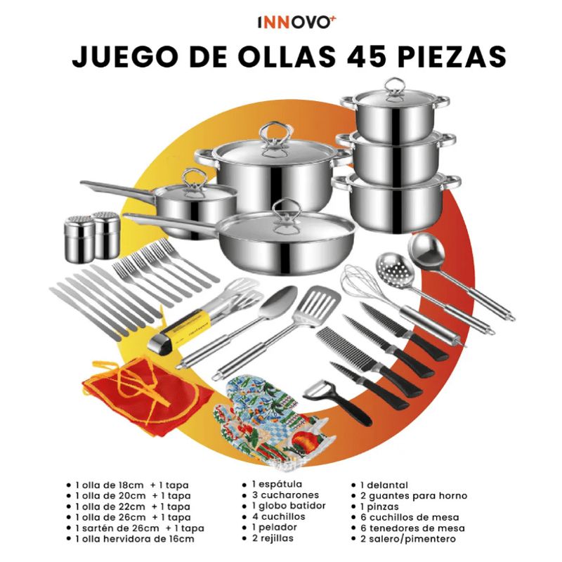 COOKWARE - Juego Ollas Y Sartenes 45 Piezas Acero Quirurgico Inoxidable Antiadherente Cocina Cookware