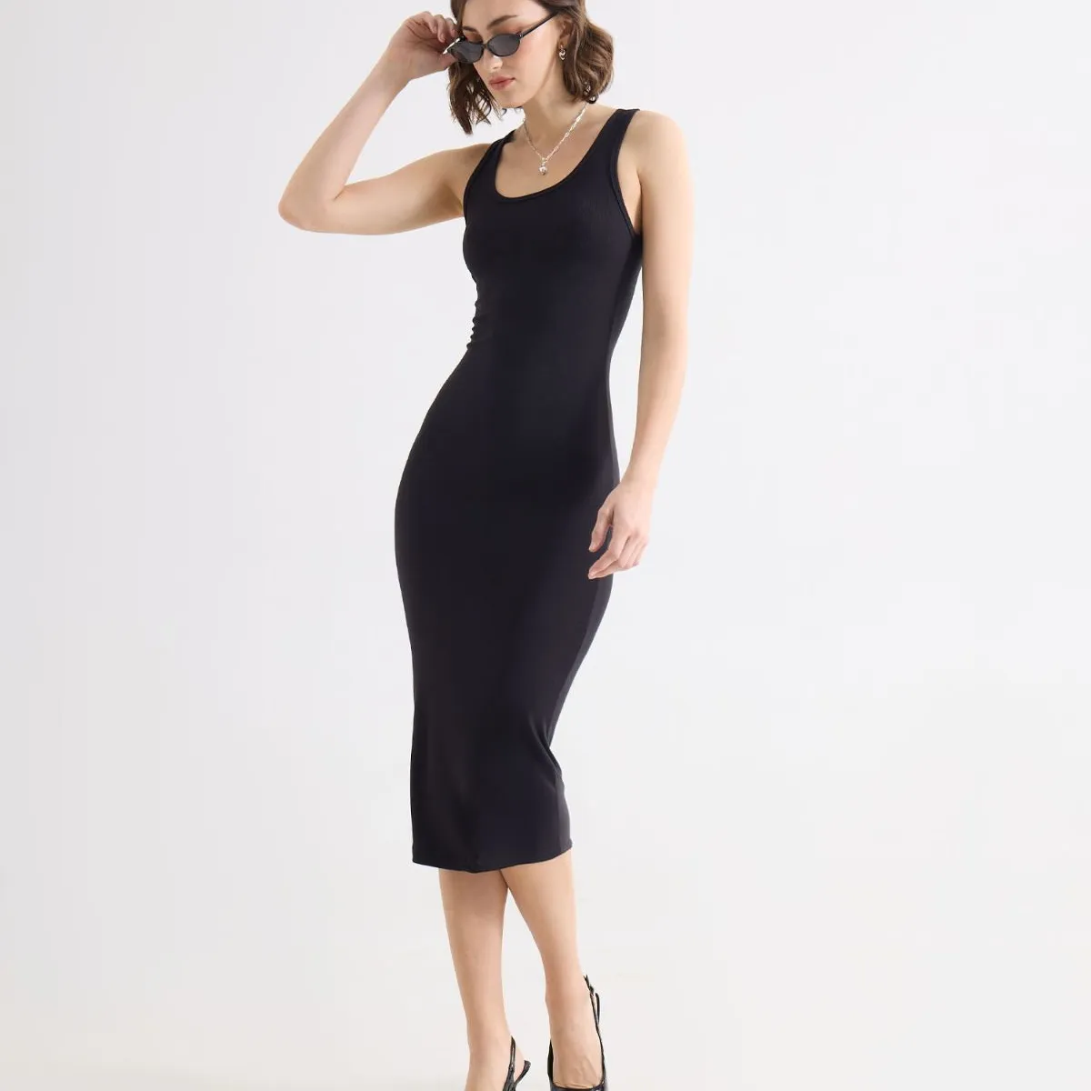 SEVEN SEVEN - Vestido Midi Escote Redondo  Para Mujer Negro Seven Seven