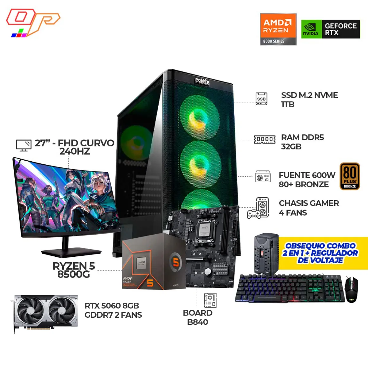 AMD - COMPUTADOR GAMER R5 8500G+ MONITOR 27 CURVO 240HZ+RTX5060 8GB+RAM 32GB+SSD 1TB