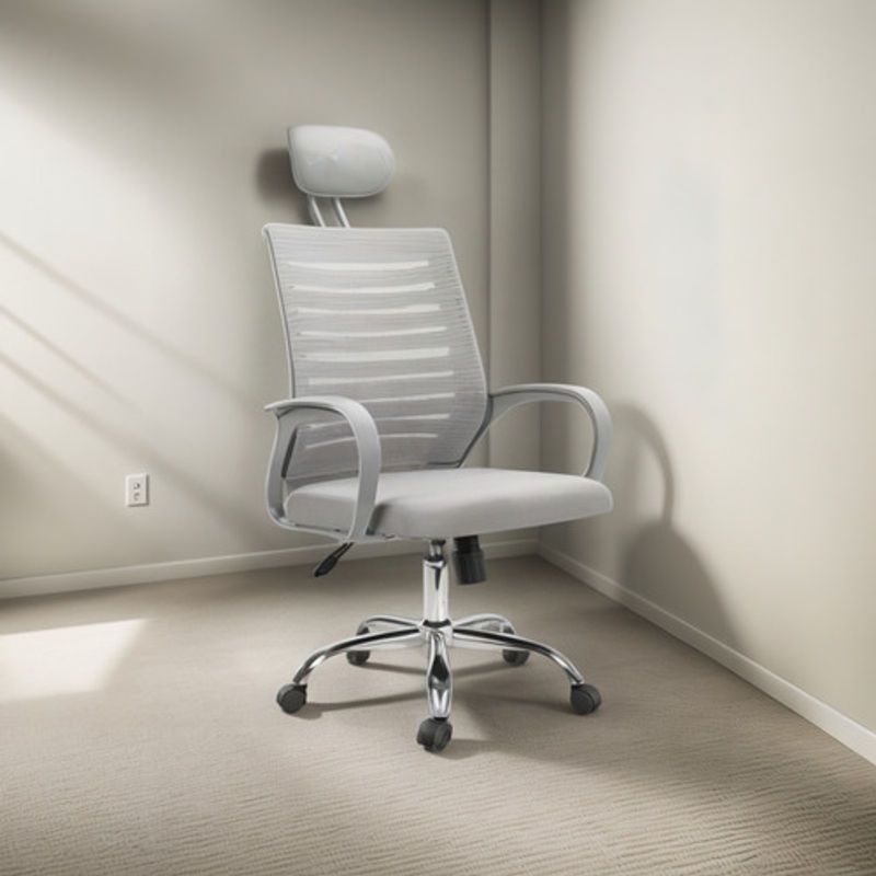 GENERICO - Silla De Oficina En Malla Gris Con Brazos Fijos Blancos