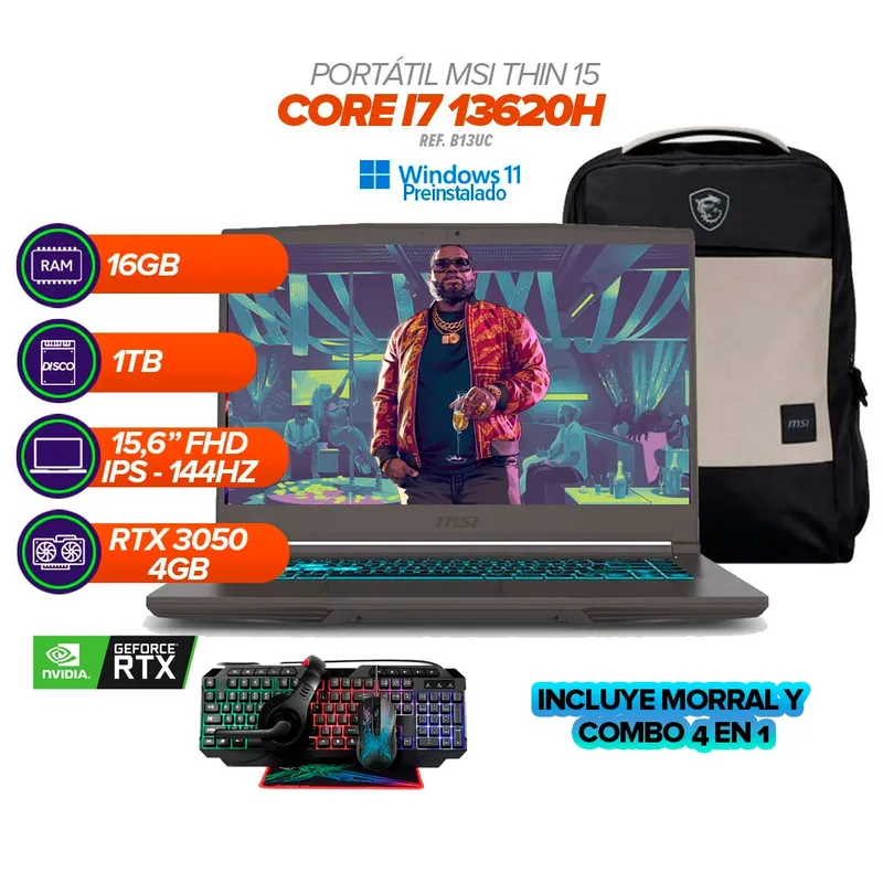 MSI - MSI Thin 15 B13UC / Core i7-13620H / 16GB RAM / SSD 1TB / RTX 3050 / 15.6 FHD 144Hz + Combo 4 en 1
