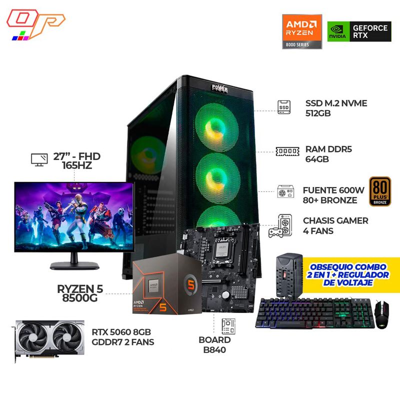 AMD - COMPUTADOR GAMER R5 8500G+ RTX 5060 8GB+MONITOR 27 FHD 165HZ+RAM 64GB- SSD 512GB