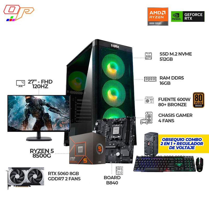 AMD - COMPUTADOR GAMER R5 8500G+ RTX 5060 8GB+MONITOR 27 FHD 120HZ+RAM 16GB- SSD 512GB