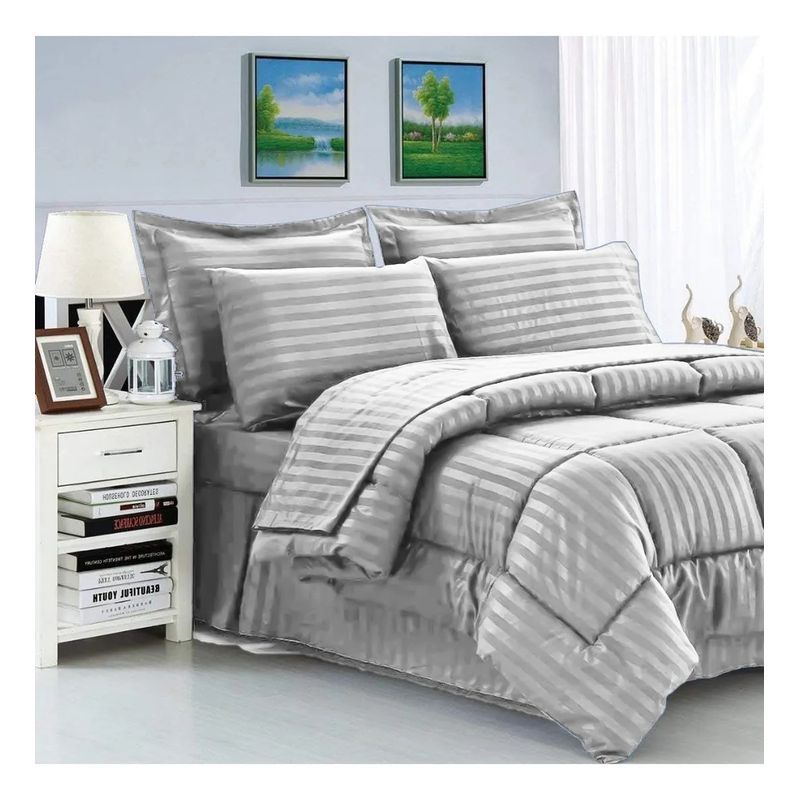 GENERICO - Plumón Edredón Cubrelecho Cama Semi Doble 2 Fundas Almohada Gris Plata