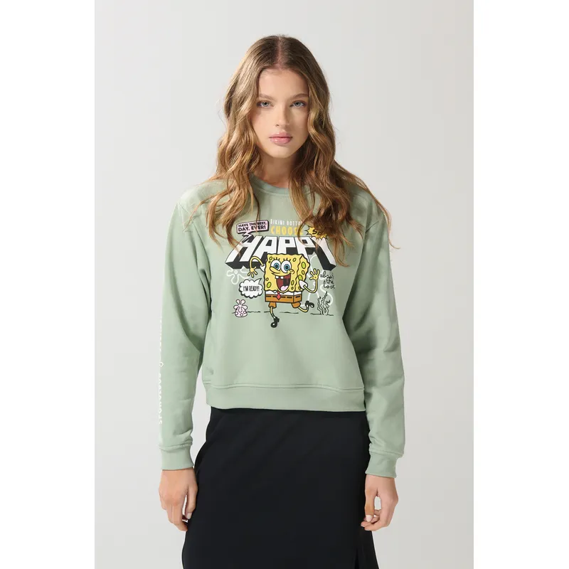 KOAJ - KOAJ Buzo verde claro cuello redondo con arte de Bob Esponja Mujer