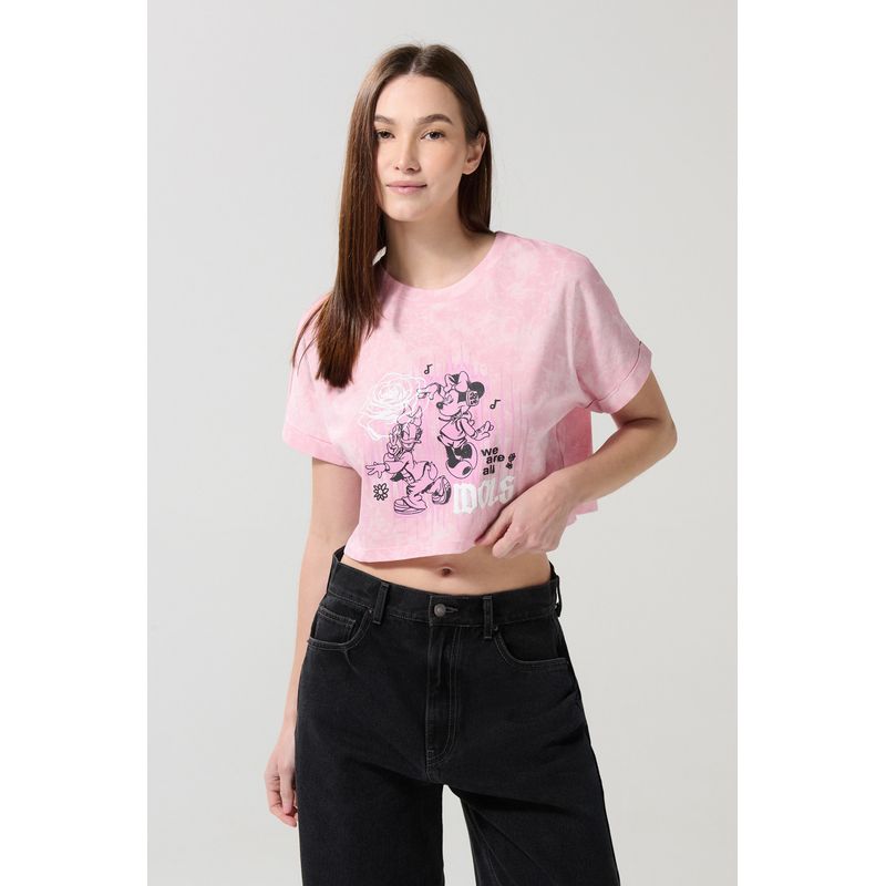 KOAJ - KOAJ Camiseta crop top rosada tie dye oversize de Minnie y D Mujer