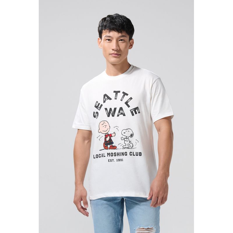 KOAJ - KOAJ Camiseta crema manga corta con estampado de Snoopy Hombre