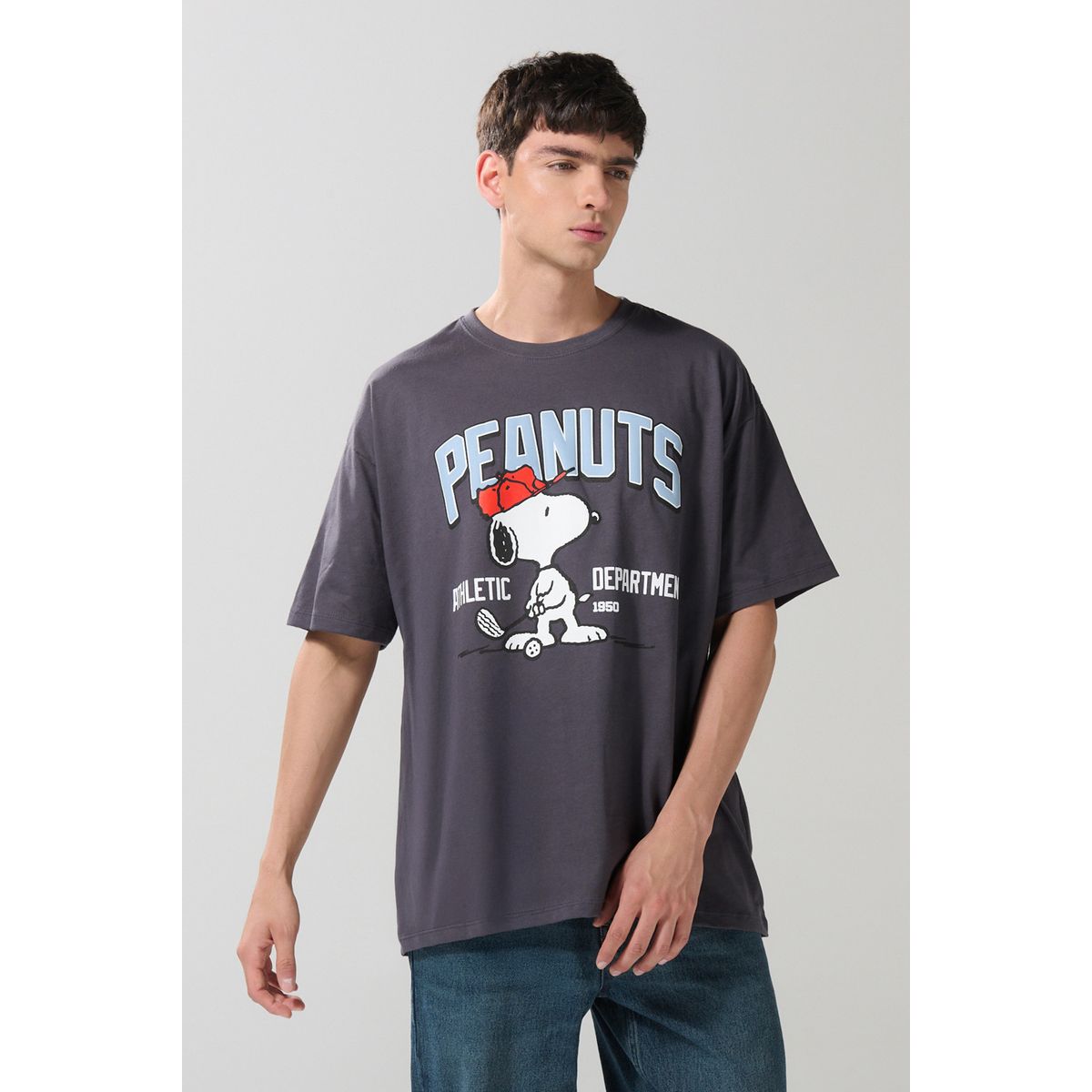 KOAJ - KOAJ Camiseta oversize manga corta gris intensa de Snoopy Hombre