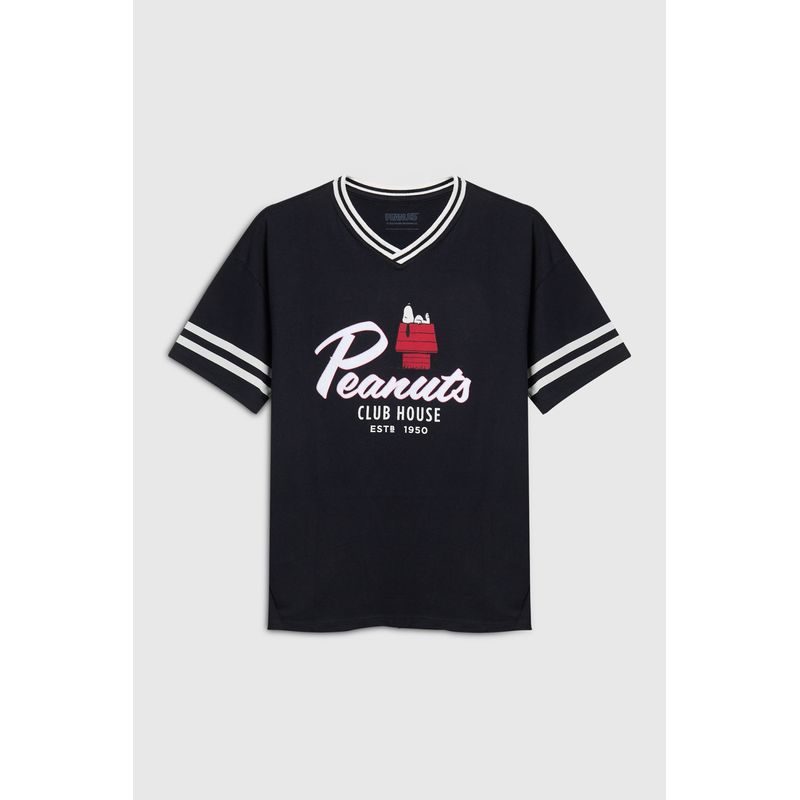 KOAJ - KOAJ Camiseta cuello V oversize azul intensa con arte de Sno Niño