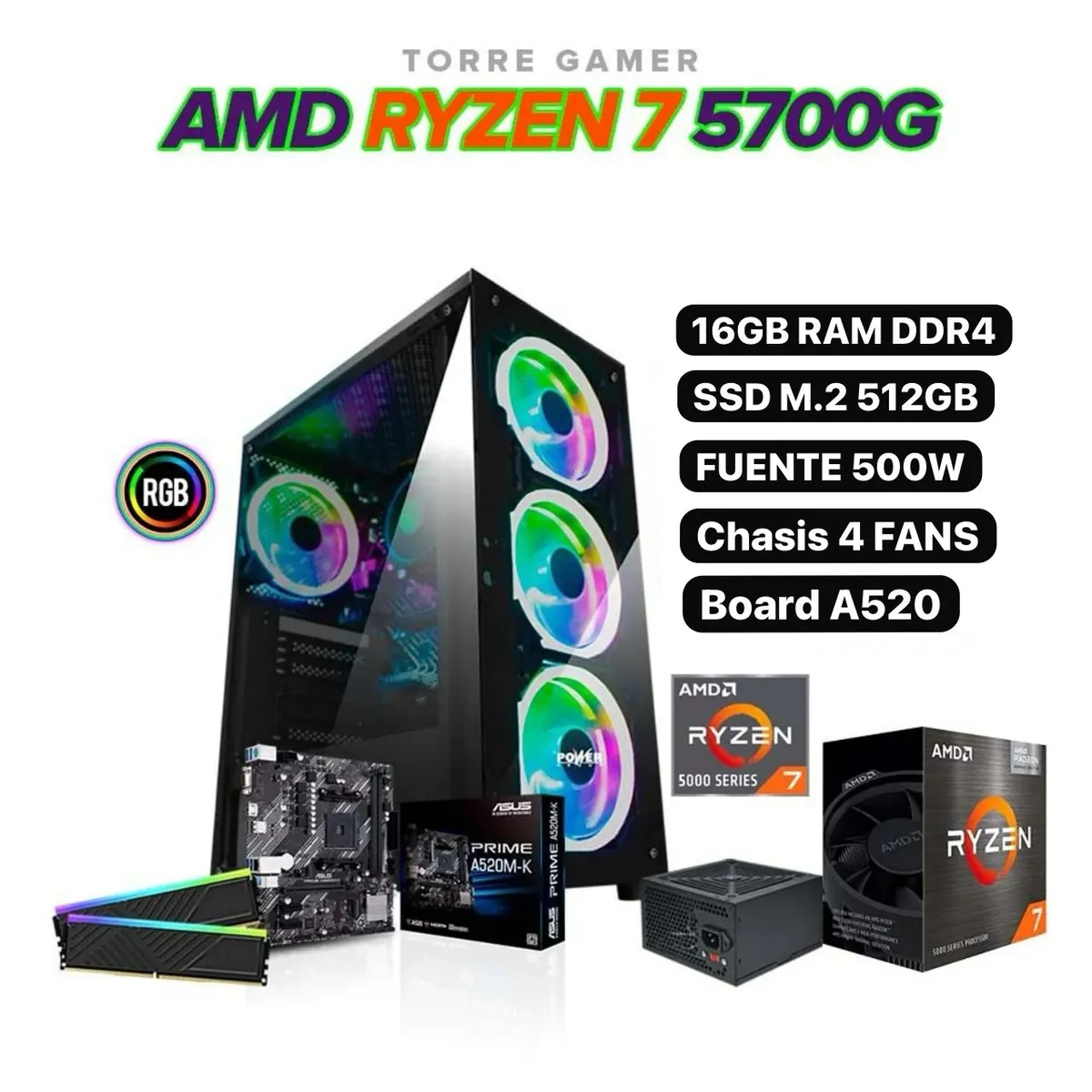 AMD - Torre Gamer Ryzen 7 5700G / RAM 16GB / SSD 512GB / Fuente 500W / Board A520M