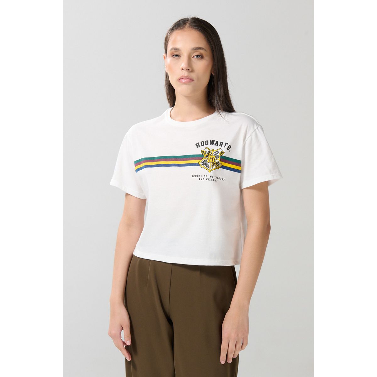 KOAJ - KOAJ Camiseta crop top crema con arte de Harry Potter en fre Mujer