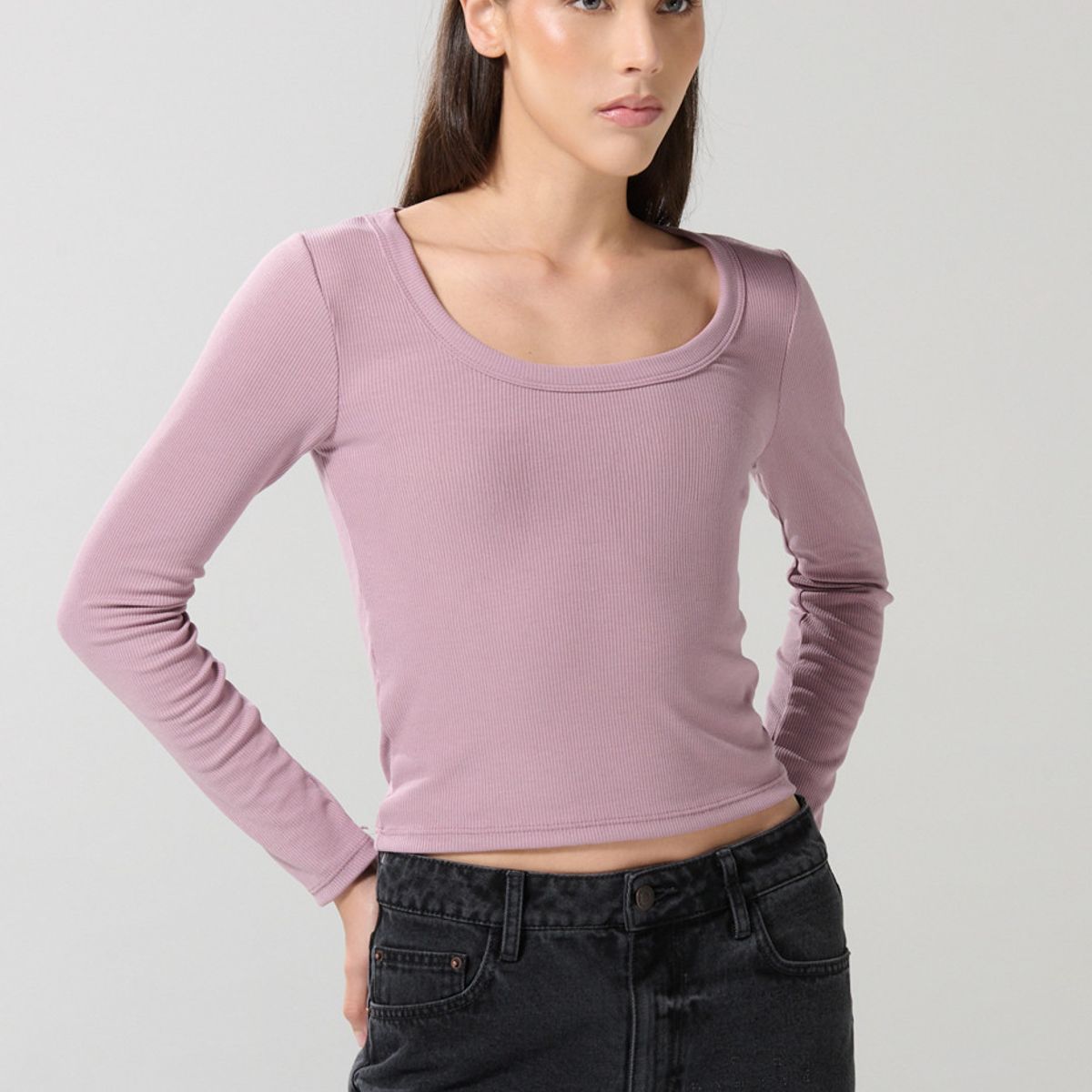 KOAJ - KOAJ Camiseta manga larga unicolor con escote en U y textur Mujer