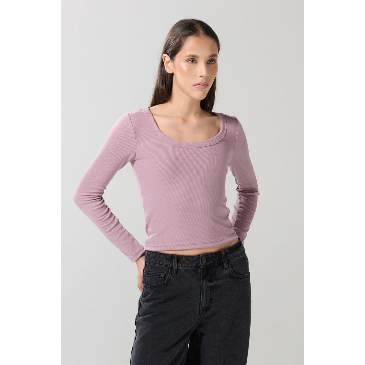 KOAJ - KOAJ Camiseta manga larga unicolor con escote en U y textur Mujer