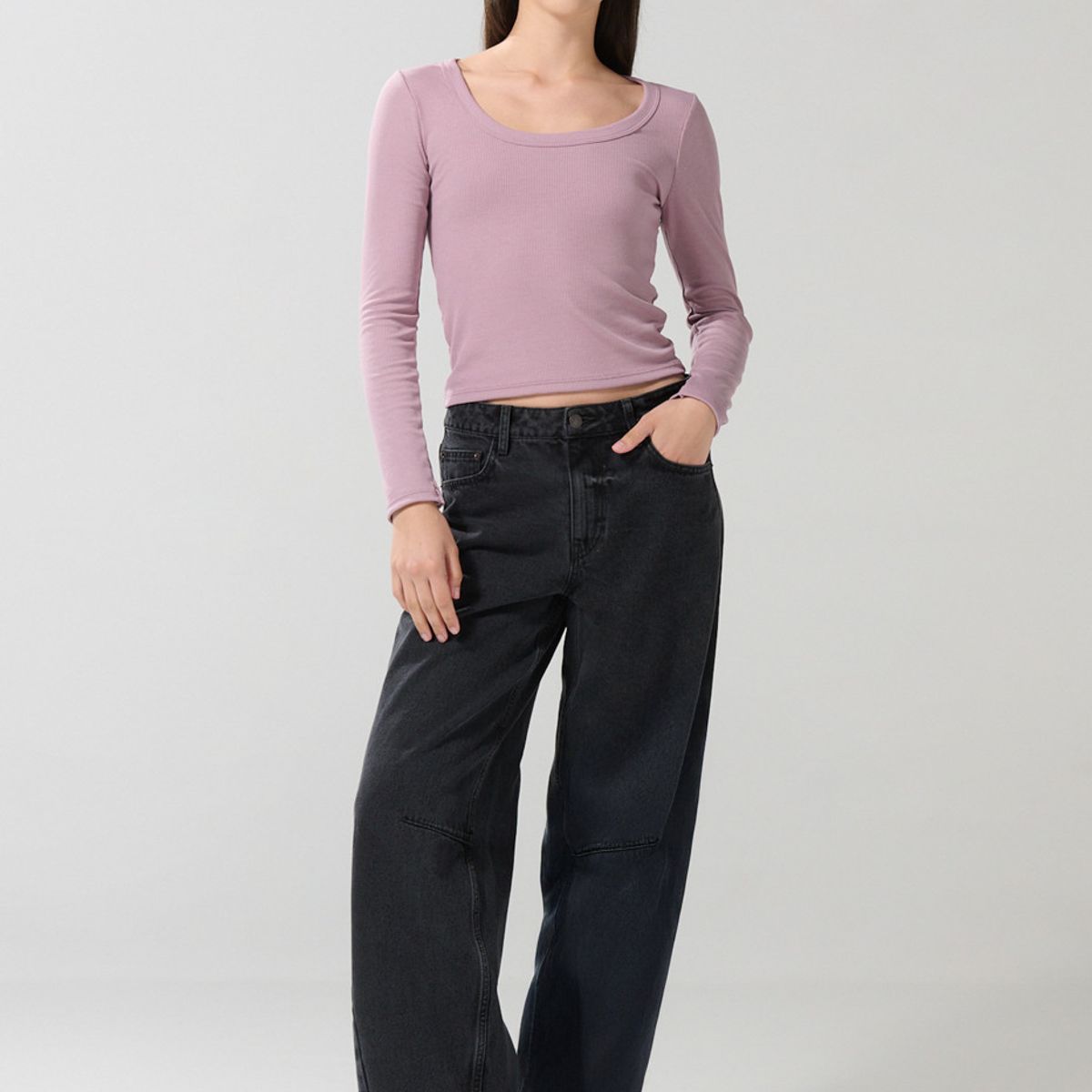 KOAJ - KOAJ Camiseta manga larga unicolor con escote en U y textur Mujer