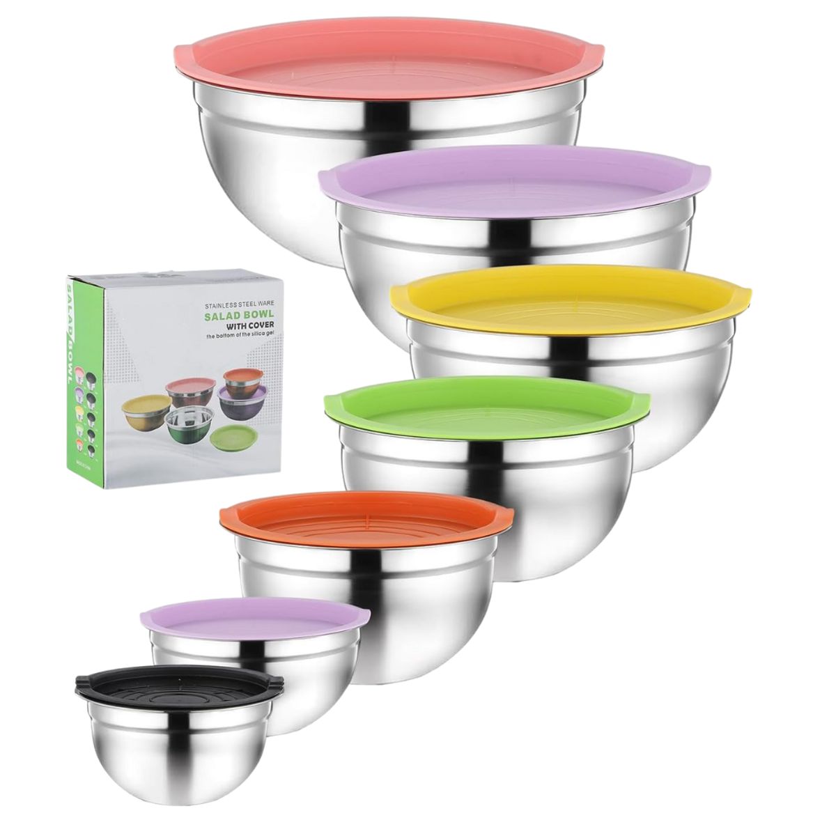 GENERICO - Tazón Mezclador Bowl Metálico Ensaladera 7 Unidades + Tapas