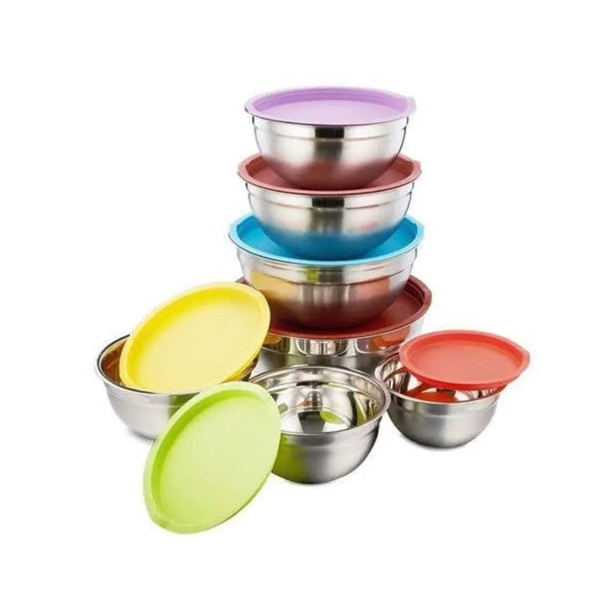 GENERICO - Tazón Mezclador Bowl Metálico Ensaladera 7 Unidades + Tapas