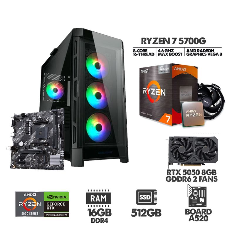 AMD - PC GAMER RYZEN 7 5700G - RTX 5050 8GB - SSD 512GB - 16GB RAM  - CHASIS 4FANS