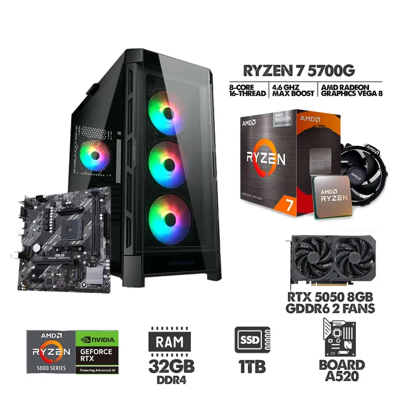 AMD - PC GAMER RYZEN 7 5700G - RTX 5050 8GB - SSD 1TB - 32GB RAM  - CHASIS 4FANS