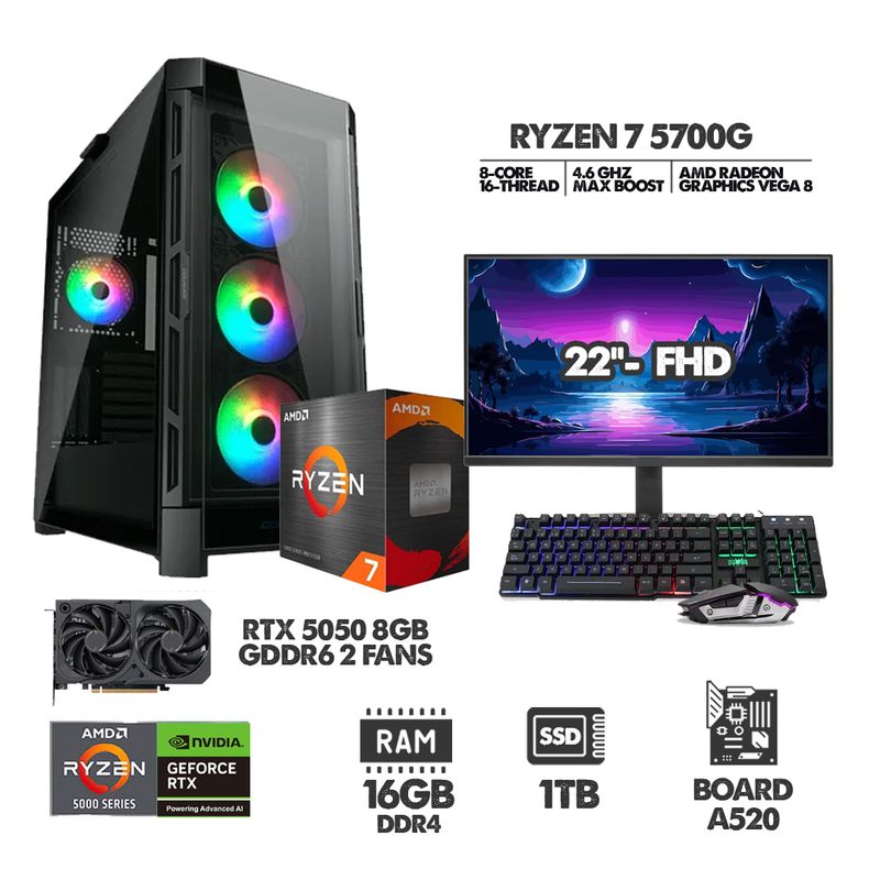 AMD - PC GAMER RYZEN 7 5700G - 16GB RAM - SSD 1TB -RTX 5050 8GB + MONITOR 22