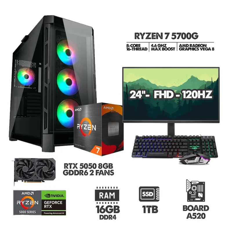 AMD - PC GAMER RYZEN 7 5700G - 16GB RAM - SSD 1TB - RTX 5050 8GB + MONITOR 24 120HZ