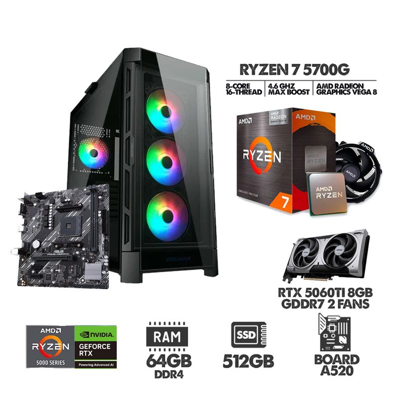 AMD - PC GAMER RYZEN 7 5700G - RTX 5060TI 8GB - SSD 512GB - 64GB RAM  - CHASIS 4FANS