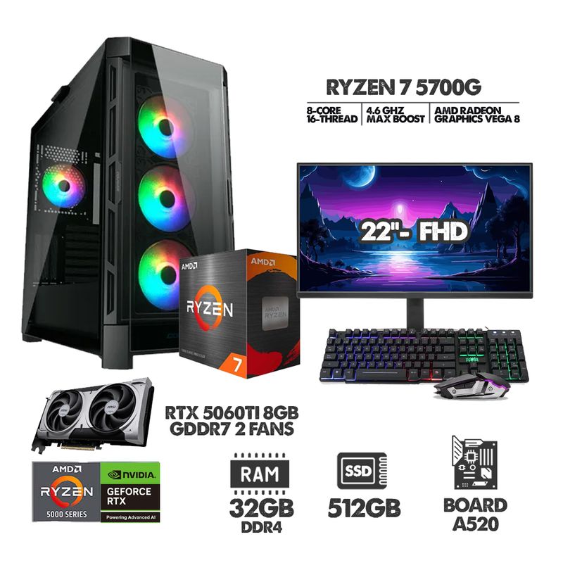 AMD - PC GAMER RYZEN 7 5700G - 32GB RAM - SSD 512GB - RTX 5060TI 8GB + MONITOR 22