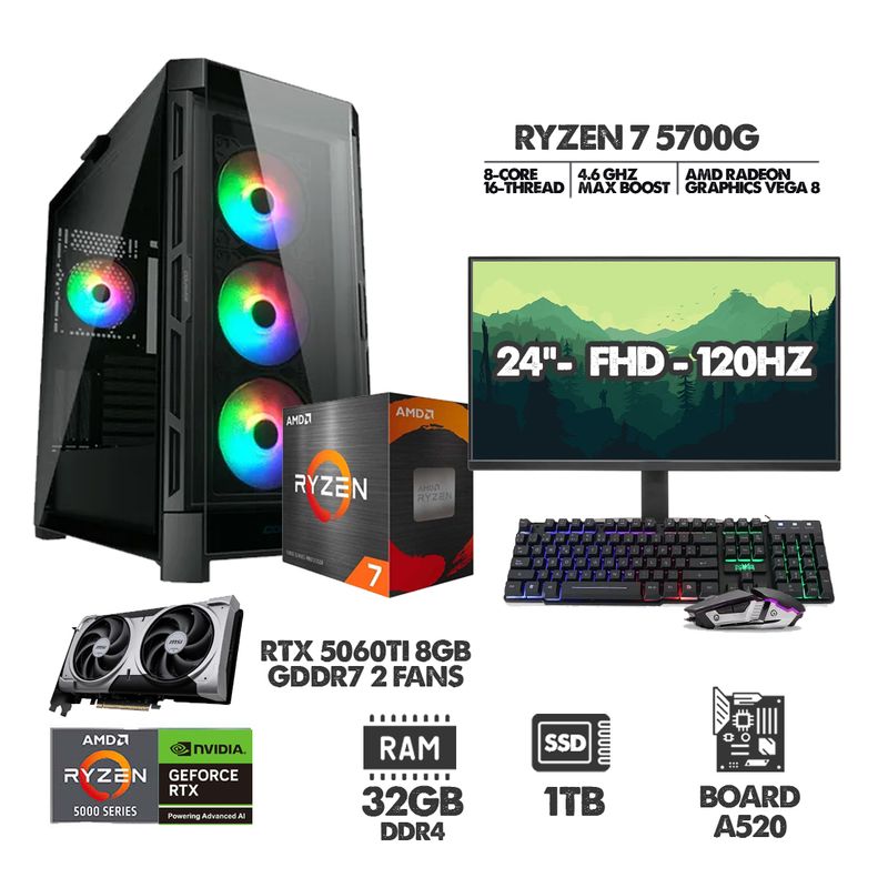 AMD - PC GAMER RYZEN 7 5700G - 32GB RAM - SSD 1TB - RTX 5060TI 8GB + MONITOR 24 120HZ