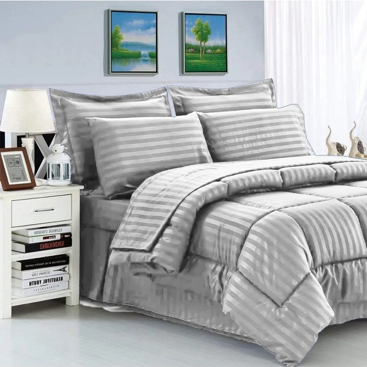 GENERICO - Plumon Edredon Cubrelecho Cama Sencilla + 2 Fundas Gris Plata