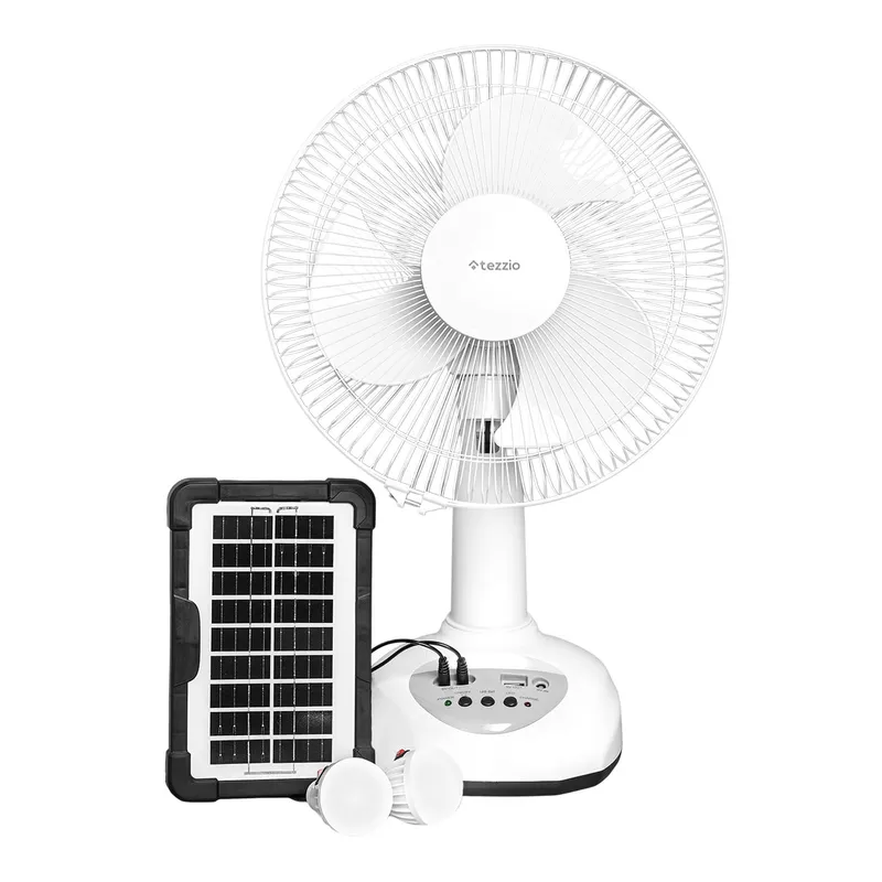TEZZIO - Ventilador de Mesa Recargable 12” con Panel Solar, Bombillos LED y Puerto USB – 35W