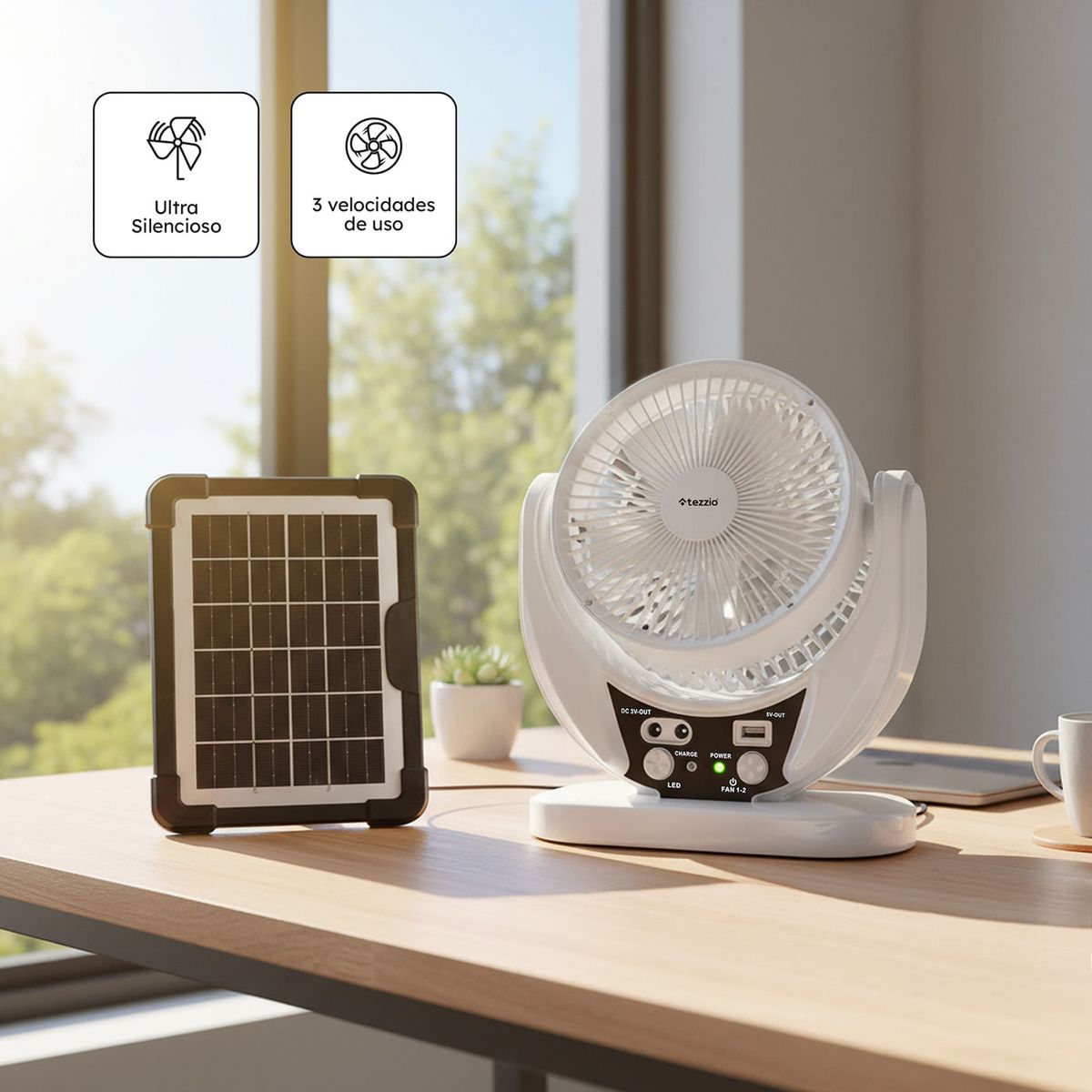 TEZZIO - Ventilador de Mesa 6” Tezzio Recargable con Panel Solar, Bombillos DC y Puerto USB