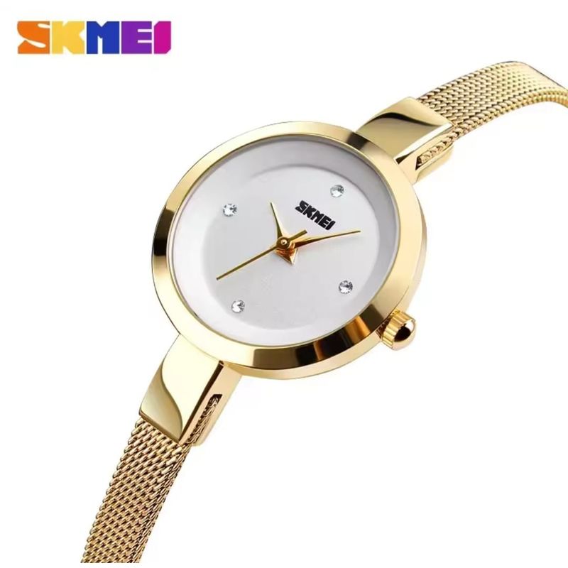 SKMEI - Reloj SKMEI 1390 Cuadrado Mujer Dorado Fondo Verde En Acero Original