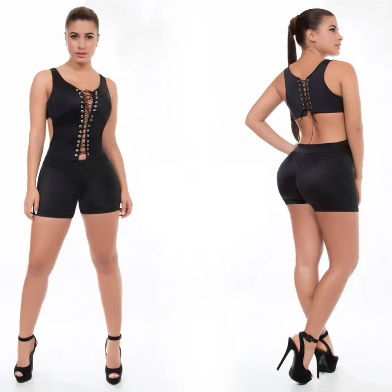 VIA7 - Enterizo corto con escote en la espalda y trenza en el busto negro