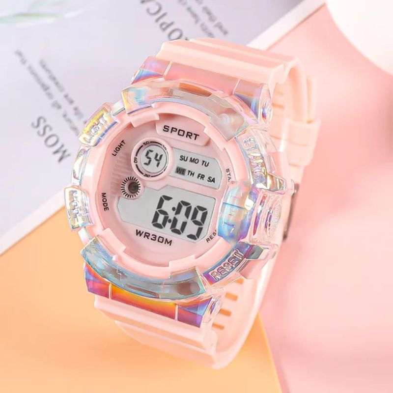 GENERICO - RELOJ ROSA TORNASOL REDONDO DIGITAL DEPORTIVO PARA MUJER + CAJA