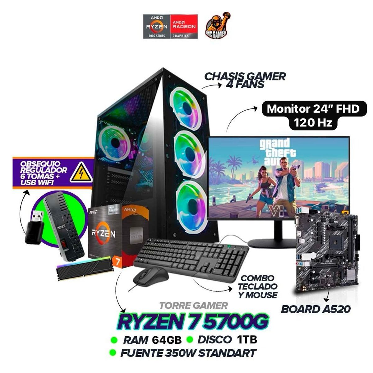 AMD - PC GAMER RYZEN 7 5700G / 64GB RAM / 1TB / 350W / MONITOR 24” 120Hz + OBSEQUIO