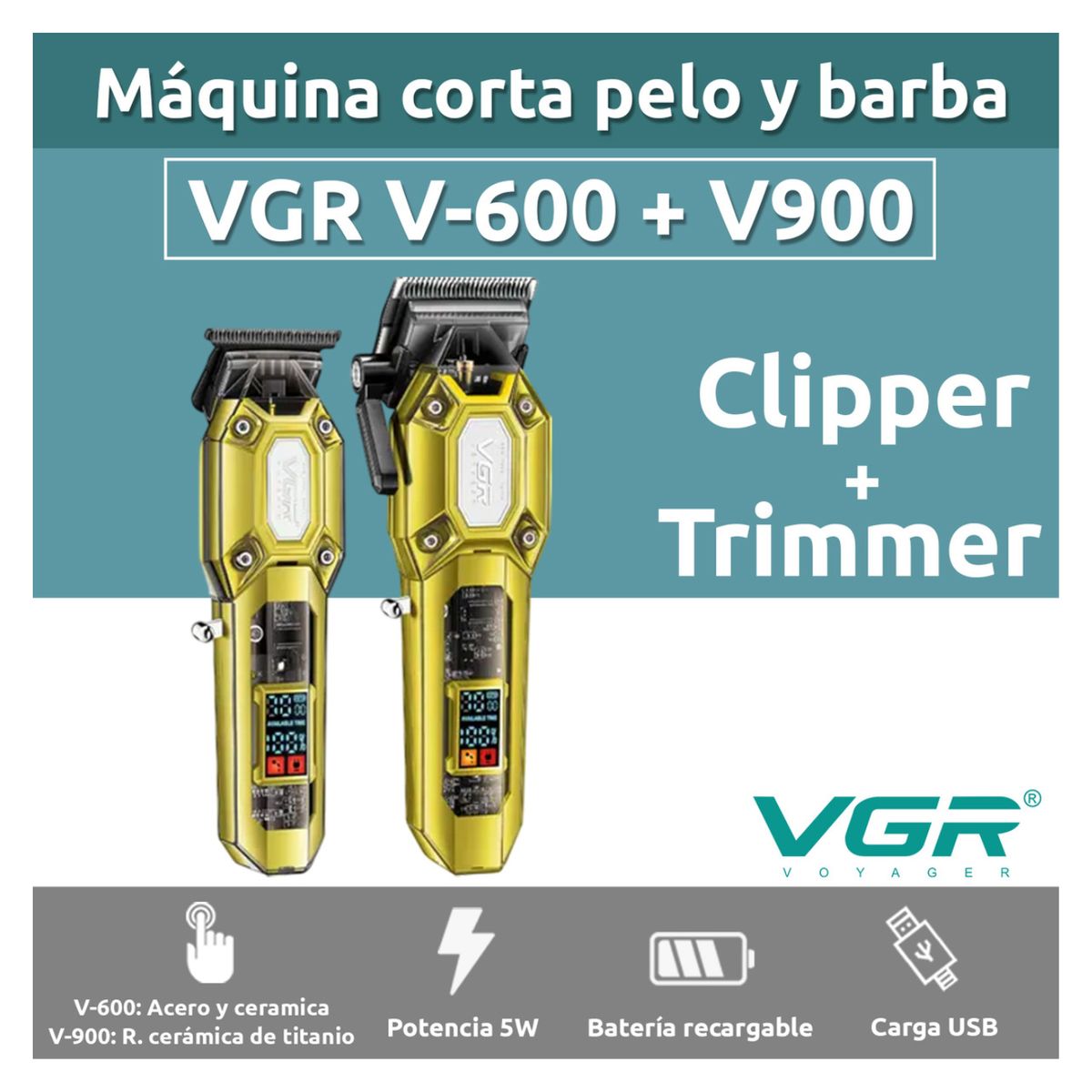 VGR - Combo Barbero Máquina Corte VGR V-600 + V-900 WH
