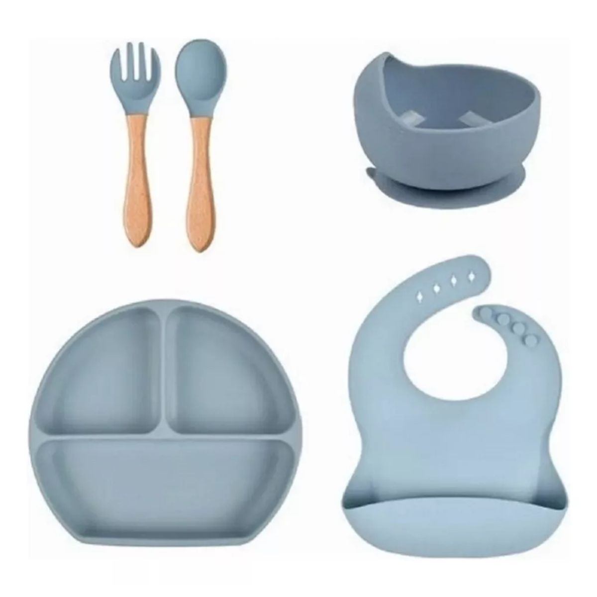 GENERICO - Set Platos Babero Para Bebe En Silicona Succión Azul