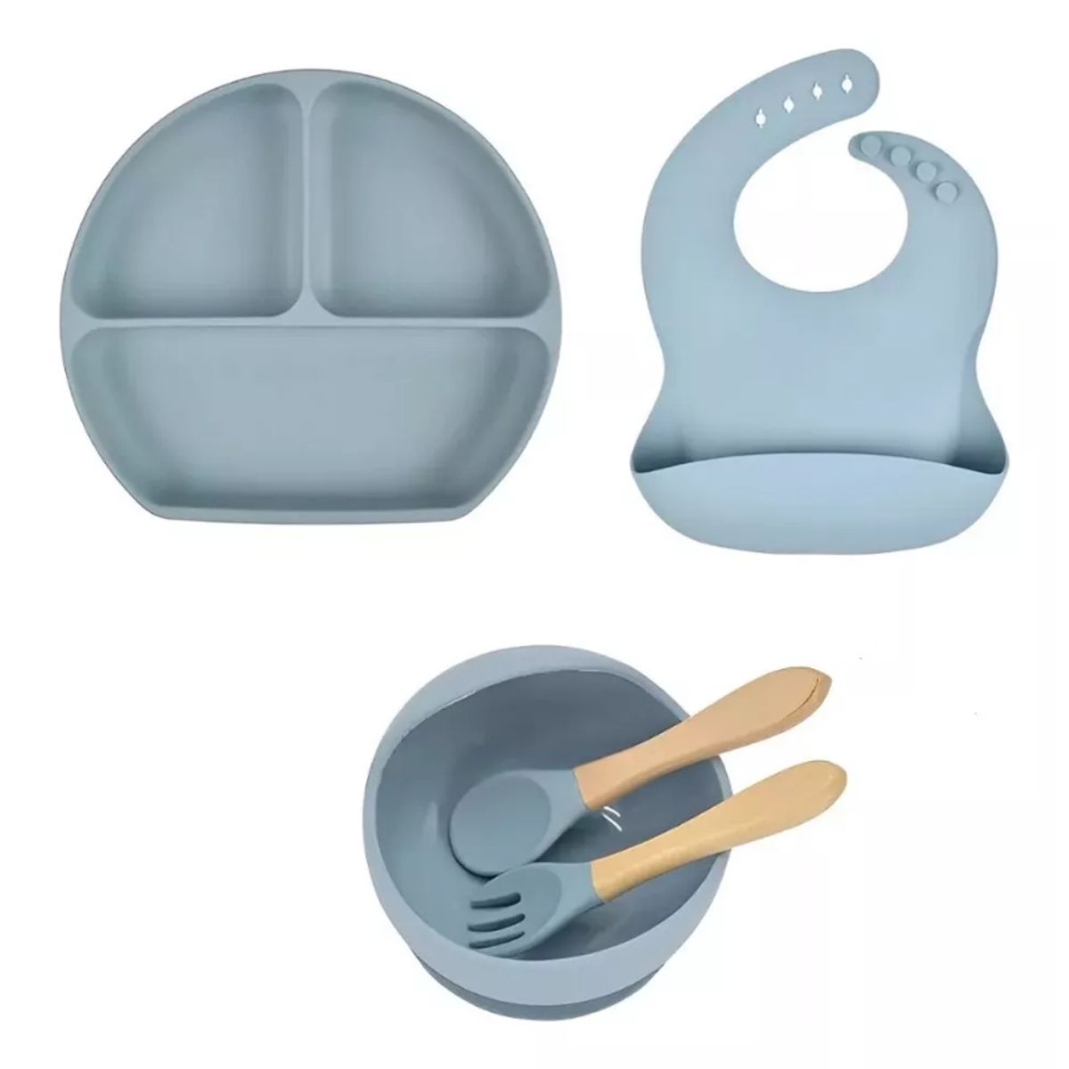 GENERICO - Set Platos Babero Para Bebe En Silicona Succión Azul