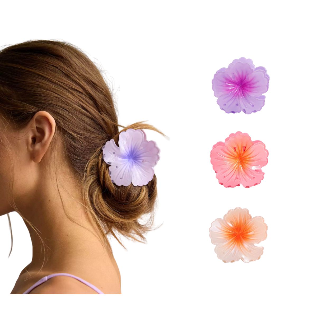 GENERICO - Set x 3 Pinza Caimán Gancho Flor Hawaiana Pelo Cabello