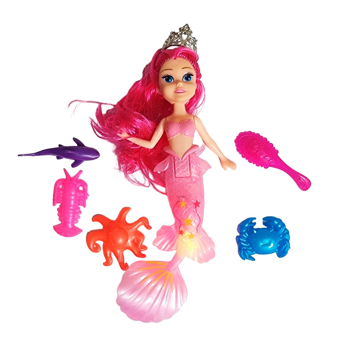 GENERICO - Muñeca Princesa Sirena Con Peine + Animales Marinos Juguete
